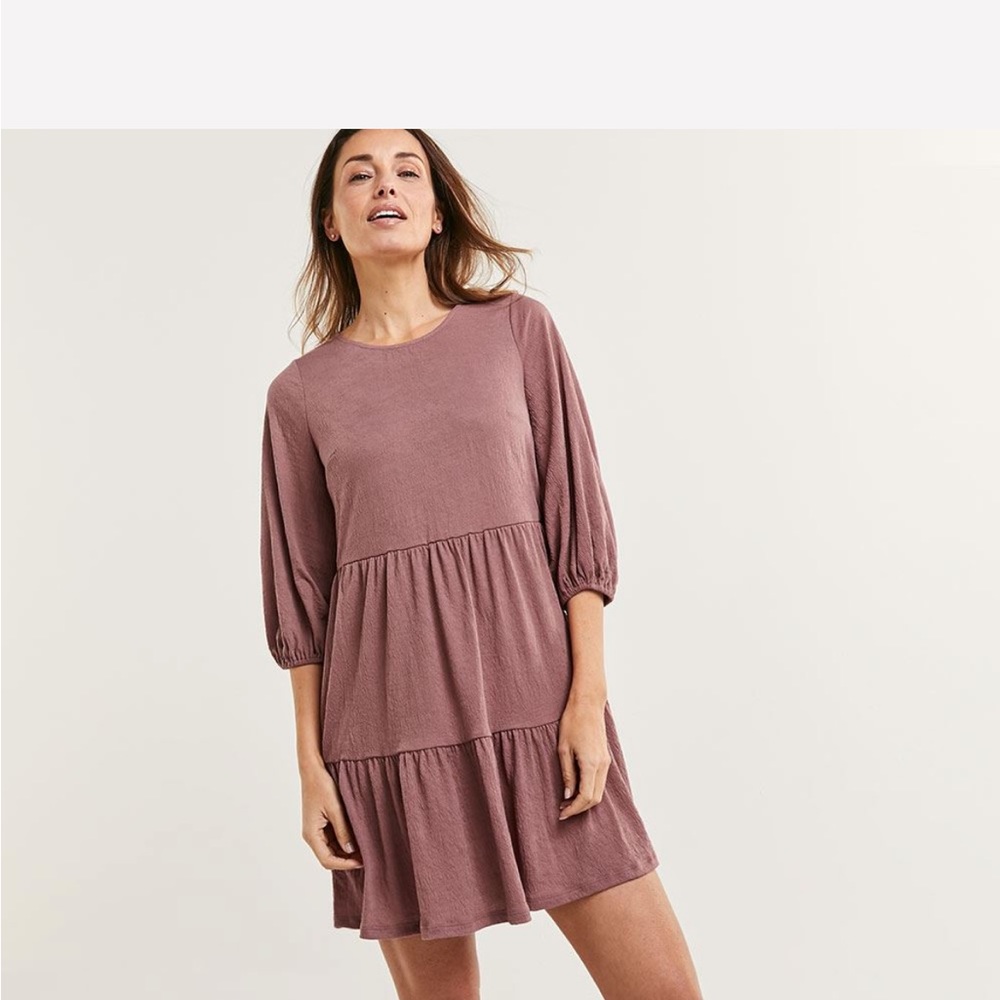 3/4 balloon sleeve tiered textured swing dress